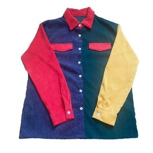 Color Block Corduroy Button Down Shirt Jacket